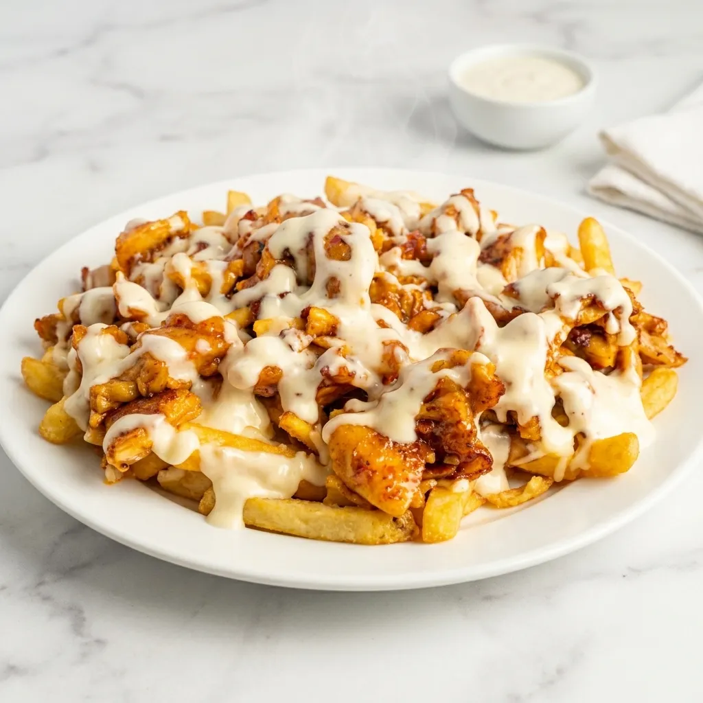 Halal chicken donair poutine with crispy fries, cheese curds, gravy and shaved chicken donair meat at BD Donair & Poutine, Edmonton