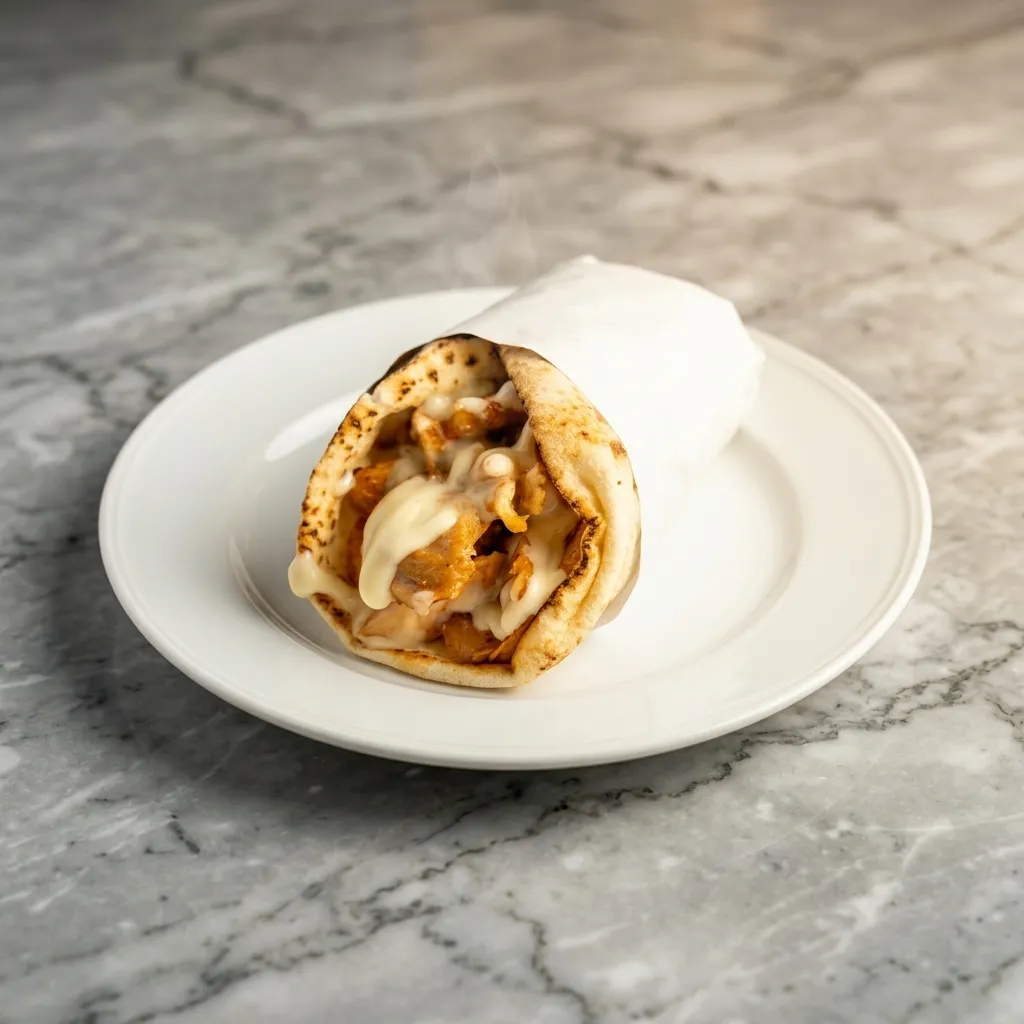 Halal chicken donair wrap with garlic sauce, ready for takeout at BD Donair & Poutine in Laurel, Edmonton